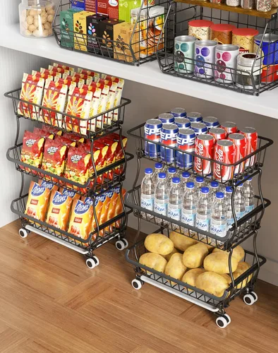 OKZEST Organizador de piso de despensa rodante de 3 niveles y carrito de almacenamiento con ruedas, cestas apilables de despensa de alambre para