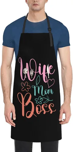 Wife Mom Boss Aprons With Pockets Men Women Waterproof Adjustable Bib Apron Kitchen Gardening Salon Aprons For Cooking