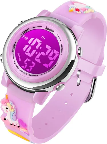 Reloj infantil para niñas de 3 a 10 años Actualización 3D lindo unicornio caricatura 7 luces de color digital impermeable deportes al aire libre