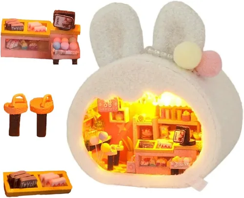 Miniatura 14 de TOPBSFARNY Kit de casa en miniatura, 2 piezas de animales lindos en miniatura, casa de madera para muñecas de bricolaje, modelo en miniatura con luz