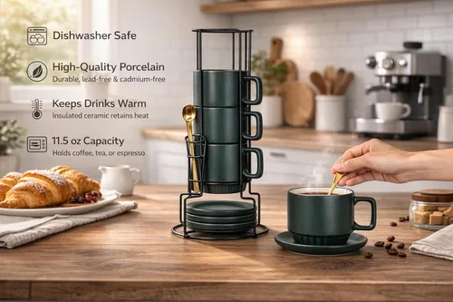 Miniatura 5 de Juego de Tazas de Café de 4 - 11.5 Oz Tazas de Café de Porcelana Apilables con Platillos, Cucharas y Soporte de Metal - Tazas de Té de Cerámica