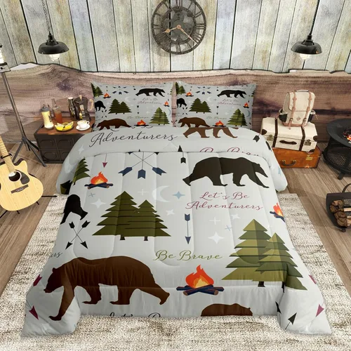 Juego de ropa de cama Happy Camping de Homewish, tamaño individual, con diseño de osos cazadores y pinos, para niños, hombres, adultos, decoración
