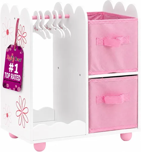 Emily Rose Organizador de armario de muñecas de 18 pulgadas, armario de almacenamiento abierto con perchas y contenedores de ropa, muebles de madera
