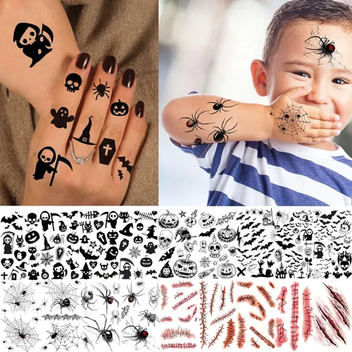 Miniatura 6 de TASROI Más de 236 piezas de 45 hojas de tatuajes temporales de Halloween para niños, kits de maquillaje zombi 3D, murciélagos, telaraña, bruja
