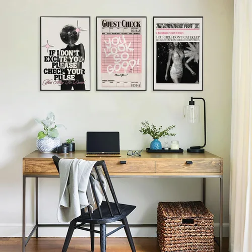 Miniatura 8 de Juego de arte de pared vintage en lienzo rosa con 3 imágenes de chicas geniales "You Look So Good" Póster de pinturas modernas y preparadas