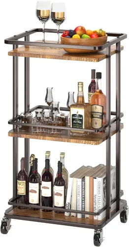 XYZLVSI Carrito de barra de servicio rodante de 3 niveles, carrito de almacenamiento de isla de cocina de madera y metal con ruedas, estante de