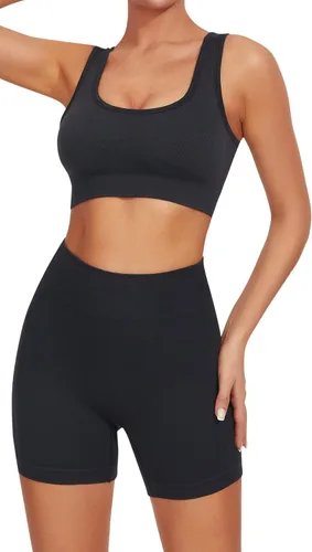 JOYSPELS Conjuntos de entrenamiento para mujer, 2 piezas, sin costuras, acanalados, cintura alta, levantamiento de glúteos, con brasier deportivo,