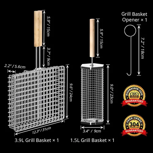 Miniatura 2 de Ivtivfu Juego de cesta para parrilla, mango de madera removible, acero inoxidable 304, herramientas de barbacoa con ruedas, accesorios para parrilla