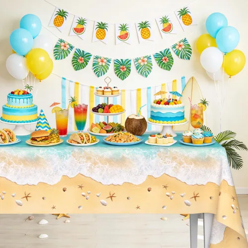 Miniatura 6 de AIBIIN 3 manteles temáticos de playa de verano, decoración de fiesta de piscina con olas del océano, mantel de plástico con estampado de agua