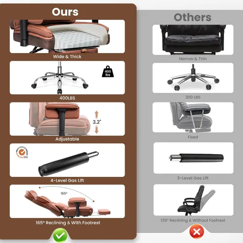 Miniatura 9 de BESTFAIR Silla de oficina grande y alta, silla ejecutiva de capacidad de 400 libras con respaldo alto y reposapiés, silla de oficina ergonómica