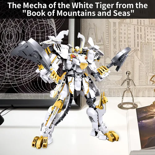 Miniatura 6 de CSNRHG Modelo de robot mecánico samurái de tigre blanco con doble hacha, bloques de construcción, juego de juguetes de cumpleaños mítico para niños