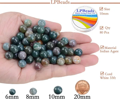 Miniatura 2 de LPBeads 80 piezas cuentas sueltas y redondas de ágata india natural (piedra preciosa) pulidas de 0.394 pulgadas con cordón elástico para hacer joyas