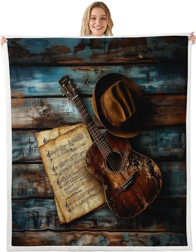 Miniatura 38 de Cowboy Boots Blanket Bohemia Musical Guitar Throw Blanket for Kids Western Rustic Cowgirl Super Soft Wrinkle Sherpa Blanket Music Notes Print 40x50