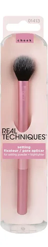 Real Techniques Brocha de maquillaje profesional para fijar polvo, ayuda a bloquear la base y el corrector, color rosa (paquete de 4)