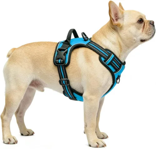 Miniatura 4 de Arnés azul para perro sin tirones con 2 clips para correa, chaleco acolchado suave para perros grandes, chaleco reflectante ajustable para perro