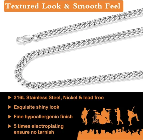 Miniatura 2 de Jewlpire Diamond Cut Miami Mens Cuban Link Chain Necklace Gold Chain Silver Chain for Men Boys Women Hip-Hop Cool Style 316L Stainless Steel18K
