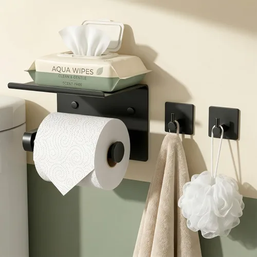 Tindbea Soporte de papel higiénico con estante para teléfono + Ganchos para albornoz adhesivo o con tornillos, montaje en pared para almacenamiento