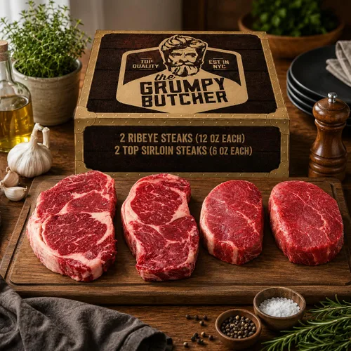 Miniatura 7 de Caja de regalo de 4 filetes Grumpy Butcher – 2 filetes de entrecot (12 oz) y 2 filetes de solomillo superior (6 oz) – Sampler de carne Angus