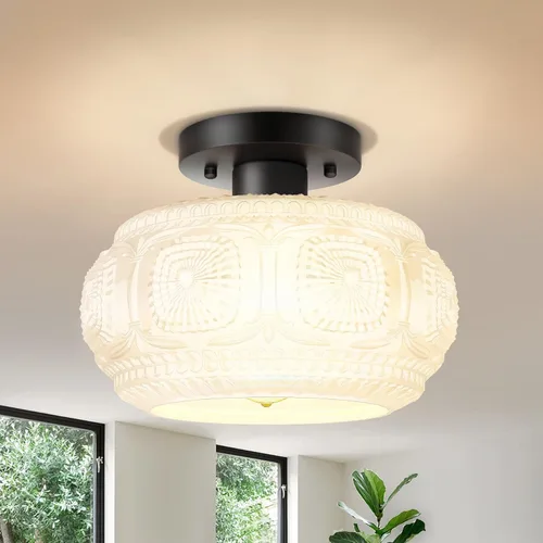 Lámpara de Techo Semiempotrada, Pantalla de Vidrio Esmerilado, Lámpara de Techo Moderna, Iluminación Vintage Negra para Pasillo, Dormitorio,