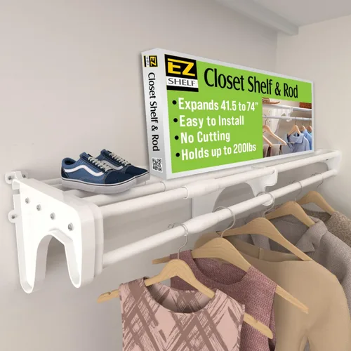 Miniatura 7 de EZ Shelf - Estante extensible para armario con barra para colgar, 64.3 a 119 pulgadas, blanco, fácil de instalar en 1 pared lateral y pared trasera