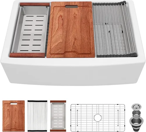 Miniatura 26 de Lordear Fregadero de Cocina Estilo Granja de 36 Pulgadas Blanco de Arcilla Refractaria Porcelana Cerámica Tazón Único Frente de Delantal Fregadero