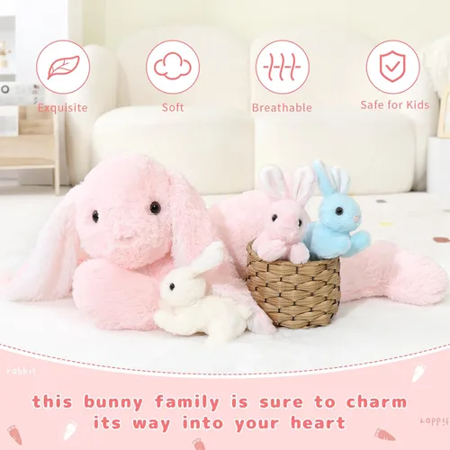 Miniatura 5 de BENINY Peluche de conejo rosa grande de 24 pulgadas – Conejito de peluche grande de Pascua, regalos para niñas y bebés, sorpresa de peluche con 3