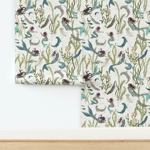 Miniatura 4 de Papel tapiz para despegar y pegar, diseño de sirenas nutrias, blanco, verde, azul, mar, océano, fondo de pantalla extraíble personalizado Spoonflower