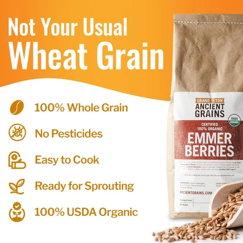 Miniatura 5 de Grand Teton - Granos antiguos de trigo emmer, 100% bayas orgánicas, bayas de trigo emmer orgánico de grado alimenticio premium, trigo farro