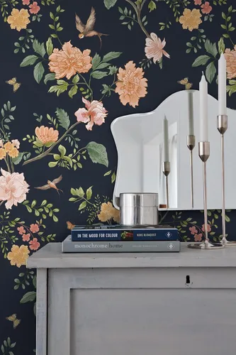 Miniatura 8 de Froluya Papel tapiz floral azul oscuro para despegar y pegar, papel de contacto floral vintage de 16.9 x 118.1 pulgadas, papel tapiz de pájaro