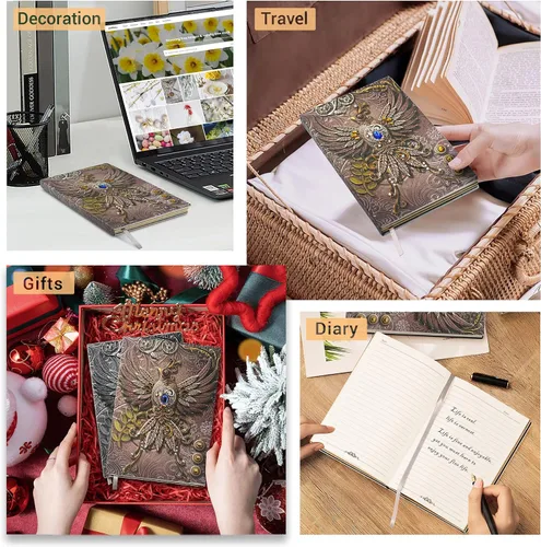 Miniatura 6 de Phoenix Cuaderno de cuero – Diario de viaje vintage Phoenix hecho a mano en 3D con papel rayado, cuaderno de bocetos de cuero fresco, diario