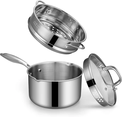 Sartén de acero inoxidable de tres capas con cesta de vapor y tapa de vidrio colador, olla multifunción 2 en 1 para cocinar al vapor, hervir y