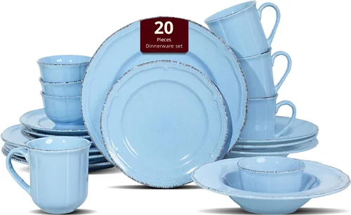 Juego de vajilla de 20 piezas, platos y cuencos, aptos para microondas y vajilla, resistentes a los arañazos, campo francés, moteado, azul antiguo