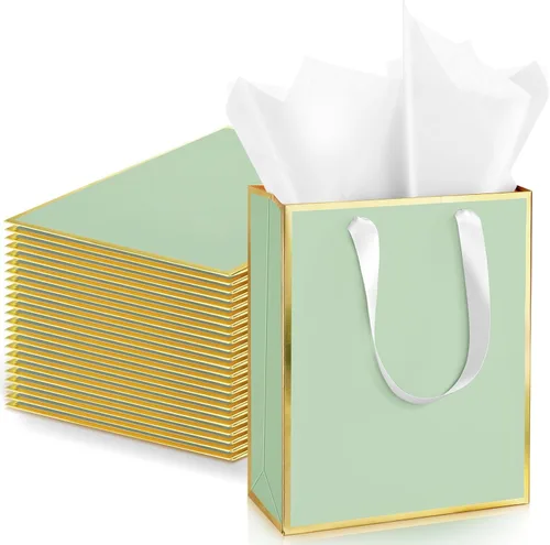 Miniatura 13 de Yeaqee Paquete de 24 bolsas de regalo de papel metálico con asa y papel de seda de 9 x 7 x 3.1 pulgadas, bolsas de favor de bienvenida con papel