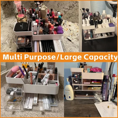 Miniatura 4 de Organizadores de maquillaje rosa para tocador con 3 cajones, organizadores grandes para el cuidado de la piel para encimera, escritorio, aparador