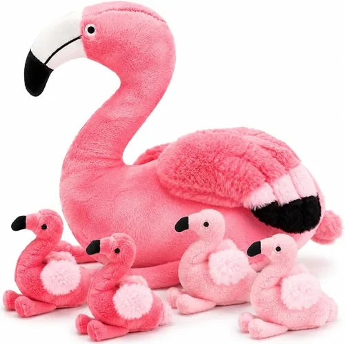 Juguetes de peluche de flamenco de 21 pulgadas con 4 bebés de felpa suave, color rosa, lavable a máquina, para cumpleaños, niños pequeños