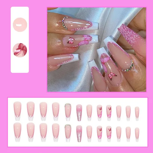 Miniatura 2 de Uñas largas a presión, uñas postizas cuadradas de punta francesa, uñas acrílicas, punta de ataúd, uñas adhesivas de cobertura completa, uñas