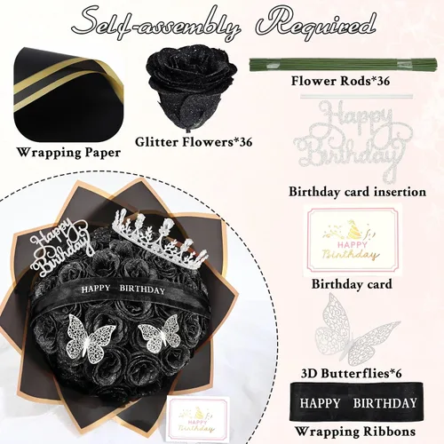 Miniatura 5 de Waipfaru Ramo de rosas con purpurina, regalos de cumpleaños para mujeres y madres, ramo de flores falsas con letreros de cumpleaños, 36 rosas negras