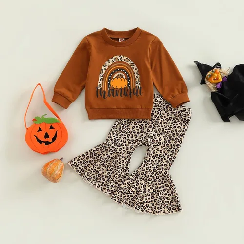 Miniatura 2 de AEEMCEM Conjunto de ropa de Halloween para bebé niña, sudadera con estampado de letras de Hello Pumpkin y pantalones acampanados de leopardo