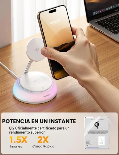 Miniatura 5 de Lamicall Estación de carga inalámbrica 4 en 1 con certificación Qi2 para Magsafe, [luz nocturna LED] Soporte de cargador magnético rápido de 15 W