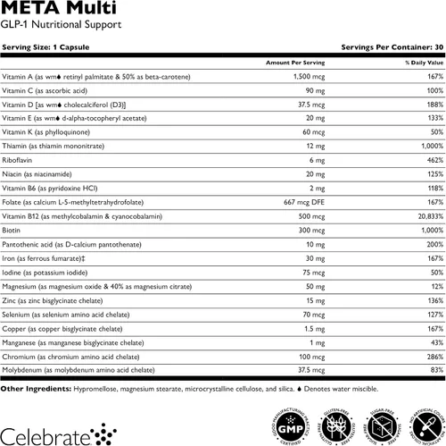 Miniatura 5 de Celebrate Vitamins META Multi GLP-1 - Suplemento multivitamínico para el peso, 30 cápsulas, suplemento diario con hierro, vitamina D, B12, magnesio