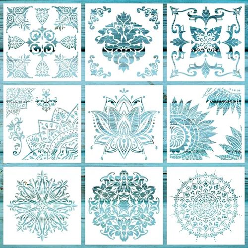Paquete de 9 plantillas grandes de 12 x 12 pulgadas, plantillas reutilizables de mandala cortadas con láser, plantillas de pintura para piso, pared,