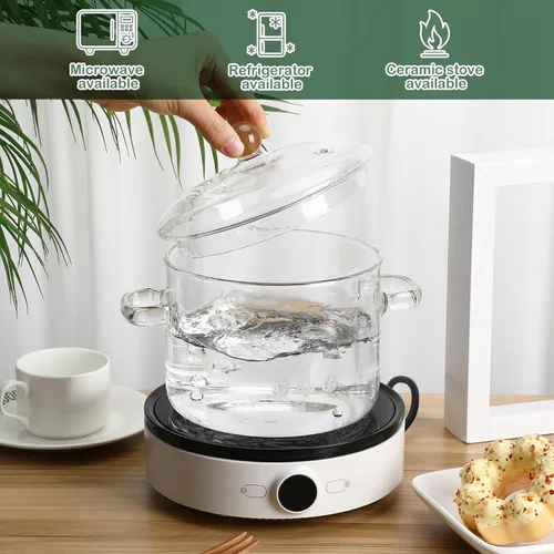 Miniatura 7 de GANAZONO Olla de cocina de vidrio con tapa, resistente al calor, olla de sopa de borosilicato de dos orejas, cuenco de fideos instantáneos de 8.26 x