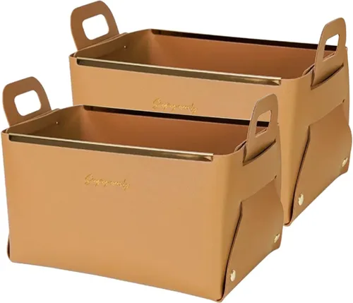 Miniatura 9 de Cesta decorativa de piel sintética, cesta pequeña para entrada, mesita de noche, cómoda, caja organizadora rectangular plegable (marrón)