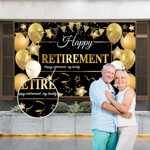 Miniatura 5 de GEMLORD Decoraciones de fiesta de jubilación con texto en inglés «Happy Retirement» de tela grande, telón de fondo negro y dorado con cuerda