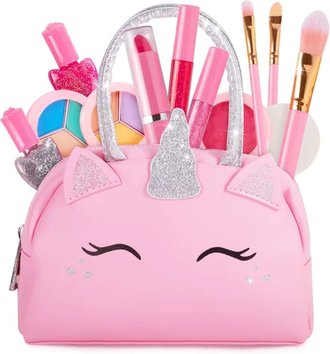 Sprinkles Toyz Kit de maquillaje real para niñas pequeñas: con bolsa de maquillaje de unicornio rosa, juguetes de maquillaje reales, no tóxicos,