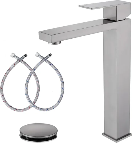 Grifo de lavabo para recipiente de baño, de níquel cepillado, grifo alto de baño de un solo agujero y una sola manija, grifo alto de baño de níquel