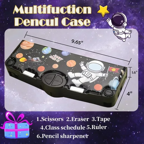 Miniatura 4 de Estuche multifunción para niños y niñas, bonita caja organizadora de lápices de dibujos animados con sacapuntas, tijeras y regla, regalos de Negro