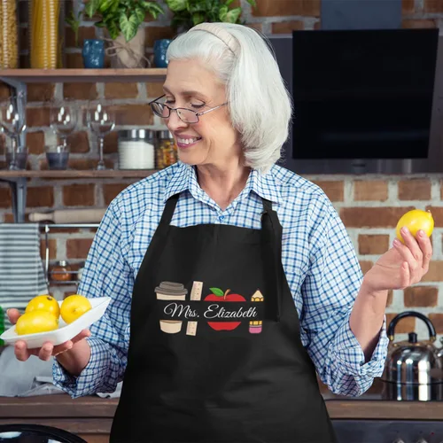 Miniatura 6 de shop4ever Delantal personalizado con nombre de profesor de café, manzana, con bolsillos, regalo personalizable para profesores de arte, niños, Negro