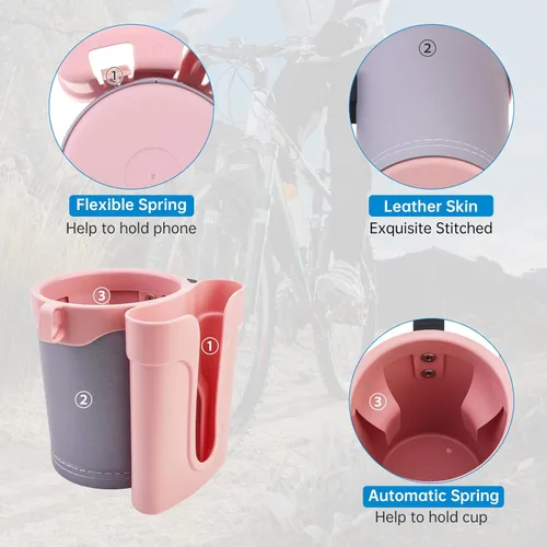 Miniatura 5 de Portavasos para bicicleta 3 en 1 con gancho para llaves de teléfono celular, soporte universal para botella de agua para caminante/silla de rosa gris