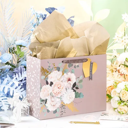 Miniatura 5 de MAYPLUSS Bolsa de regalo extra grande de 16 pulgadas con tarjeta de felicitación y papel de seda para boda, cumpleaños, diseño floral dorado